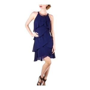 Navy Blue Chiffon Gold Embellished Tulip Tiered Dress Size 16‎ Wedding Evening